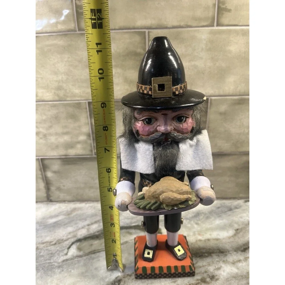 Vintage BRN Designs Nutcracker Pilgrim Holding Turkey Thanksgiving Decor 11.5”